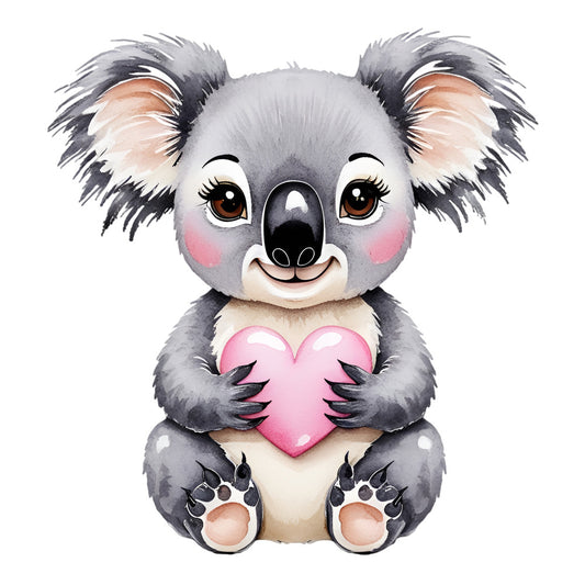 Valentine Tropical Koala Fabric Panel featuring a cute koala holding a pink heart, printed on premium quilting cotton.