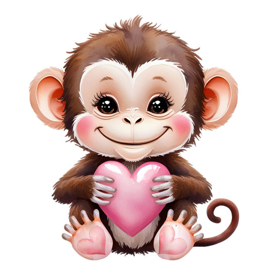 Valentine Tropical Monkey Fabric Panel showing a cute cartoon monkey holding a pink heart, printed on premium quilting cotton.