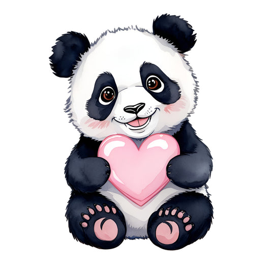 Valentine Tropical Panda Fabric Panel featuring a cute panda holding a pink heart, printed on premium quilting cotton.