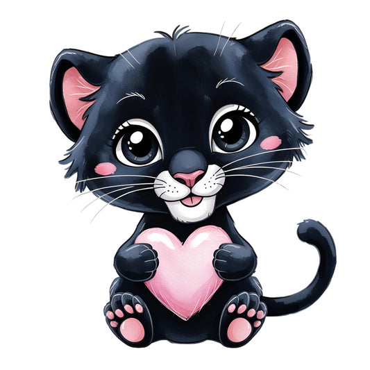 Valentine Tropical Panther Fabric Panel featuring a cute cartoon black panther holding a pink heart, printed on premium quilting cotton.