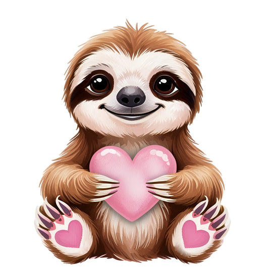 Valentine Tropical Sloth Fabric Panel showing a cute smiling sloth holding a pink heart with heart-shaped paw pads.