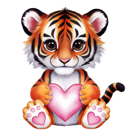 Valentine Tropical Tiger Fabric Panel featuring a cute tiger holding a pink heart, printed on premium quilting cotton.