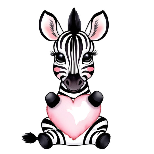 Valentine Tropical Zebra Fabric Panel featuring a cute zebra holding a pink heart, printed on premium quilting cotton.