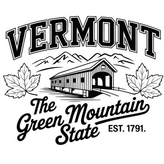 Vermont Black and White Fabric Panel featuring covered bridge, mountains, and maple leaves in premium quilting cotton design.
