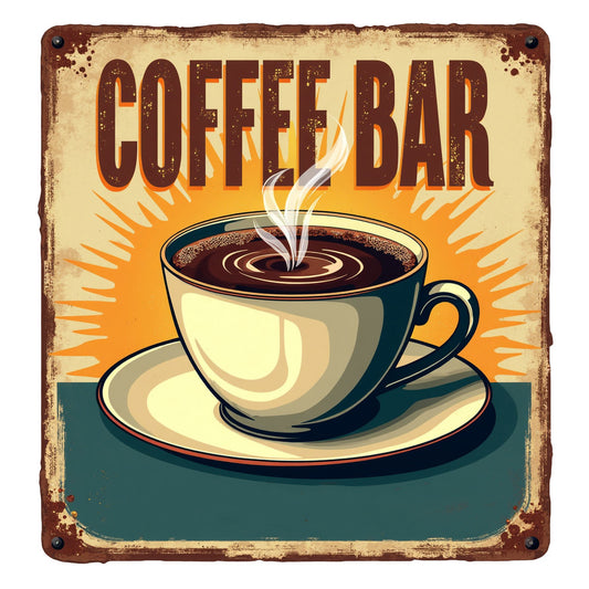 Vintage Coffee Signs Fabric Panel 10 featuring a steaming coffee cup with retro Coffee Bar text on premium quilting cotton fabric.