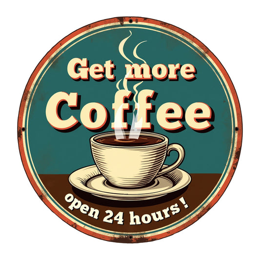 Vintage Coffee Signs Fabric Panel 12 featuring a retro round sign with steaming coffee cup and "Get more Coffee open 24 hours" text.