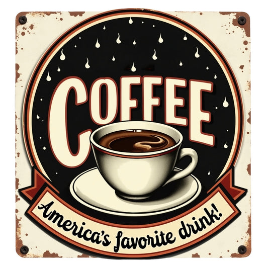 Vintage Coffee Signs Fabric Panel 13 features a retro coffee cup design with "America's favorite drink" slogan on premium quilting cotton.