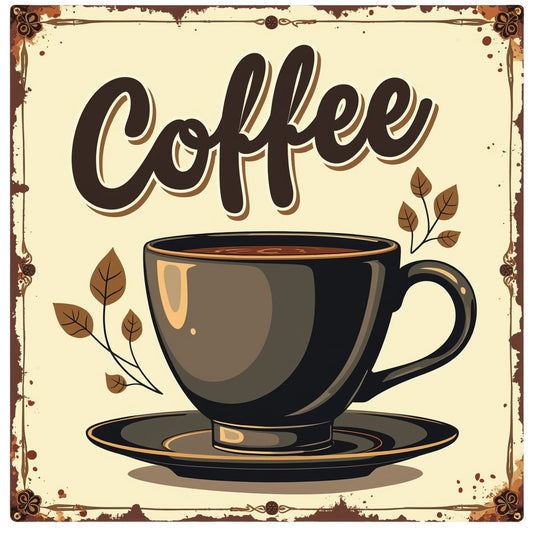 Vintage Coffee Signs Fabric Panel 16 featuring a retro-style coffee cup illustration with brown tones on premium quilting cotton fabric.