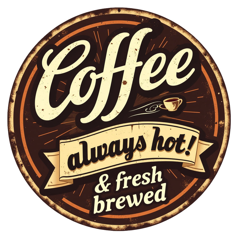 Vintage Coffee Signs Fabric Panel 17 featuring a round retro coffee design with "always hot & fresh brewed" text on premium fabric.