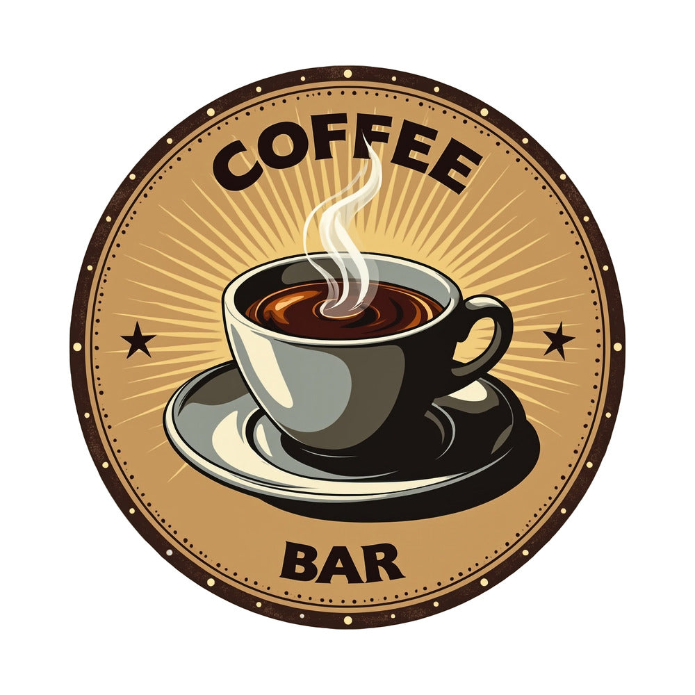 Vintage Coffee Signs Fabric Panel 18 featuring a steaming coffee cup with retro coffee bar design in warm tones.