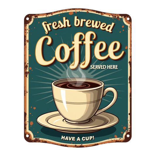 Vintage Coffee Signs Fabric Panel 19 featuring a steaming cup of fresh brewed coffee with retro design and distressed edges.
