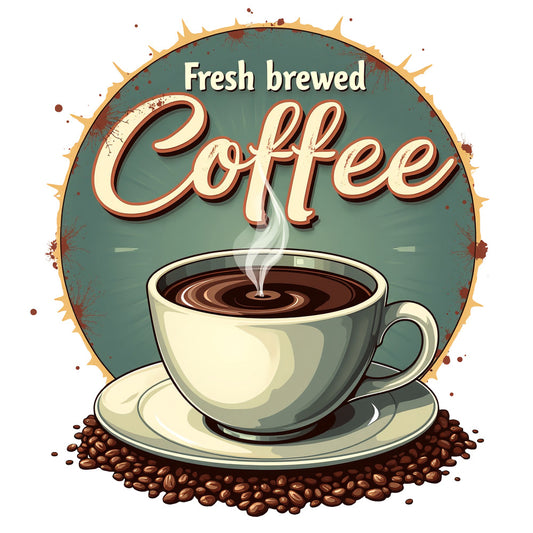 Vintage Coffee Signs Fabric Panel 20 featuring steaming cup of fresh brewed coffee on coffee bean background.