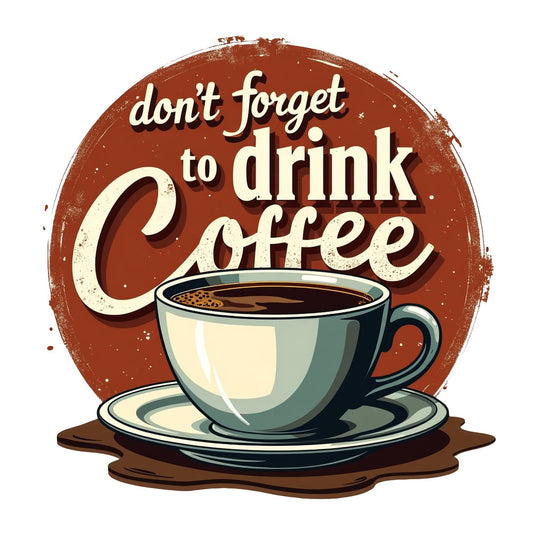 Vintage Coffee Signs Fabric Panel 21 featuring a retro coffee cup with "don’t forget to drink coffee" text on a brown background.