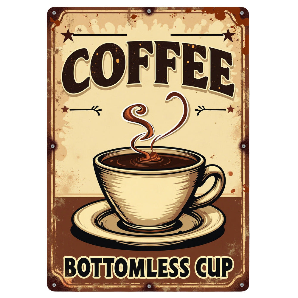 Vintage Coffee Signs Fabric Panel 3 featuring a retro coffee cup design with steam and bold typography on premium quilting cotton fabric.