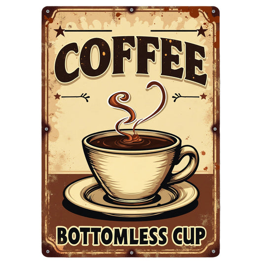 Vintage Coffee Signs Fabric Panel 3 featuring a retro coffee cup design with steam and bold typography on premium quilting cotton fabric.