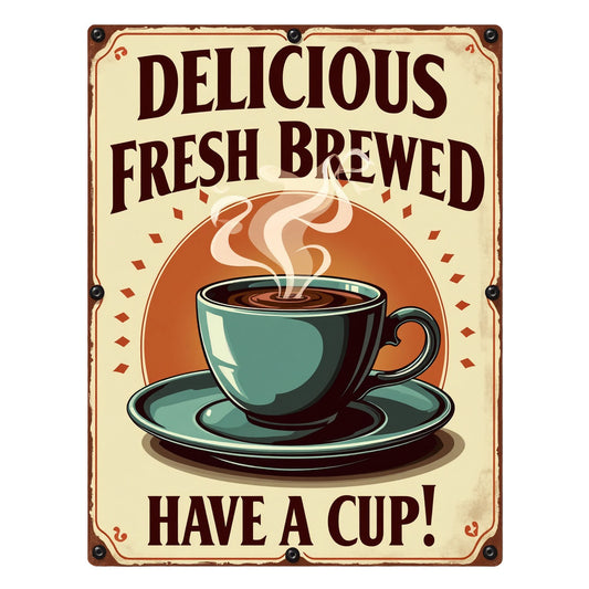 Vintage Coffee Signs Fabric Panel 4 featuring a steaming cup of coffee with "Delicious Fresh Brewed Have a Cup!" text on premium quilting cotton.