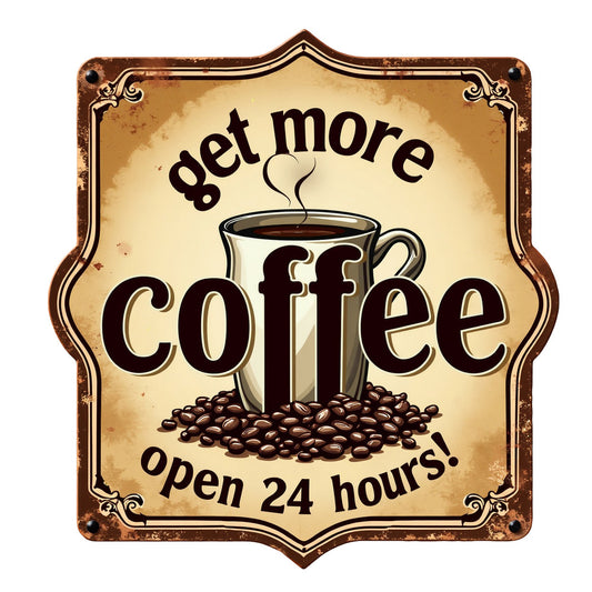 Vintage Coffee Signs Fabric Panel 6 featuring a steaming coffee cup with beans and "get more coffee open 24 hours" text design