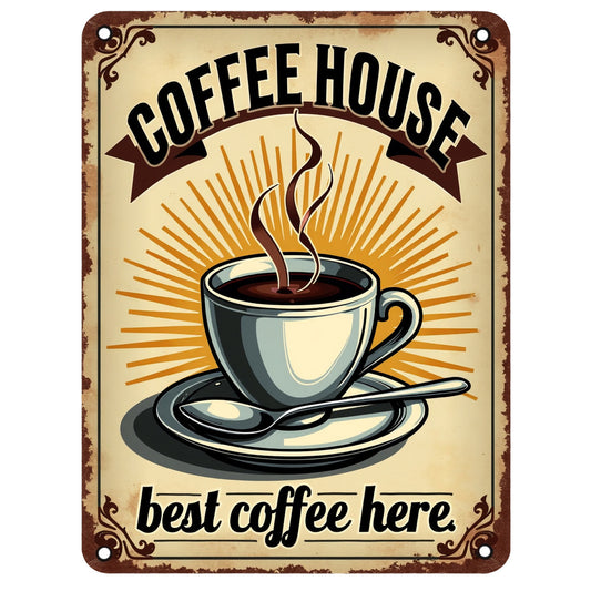 Vintage Coffee Signs Fabric Panel 8 featuring a retro coffee cup design with "Coffee House" and "best coffee here" text on premium fabric panel.