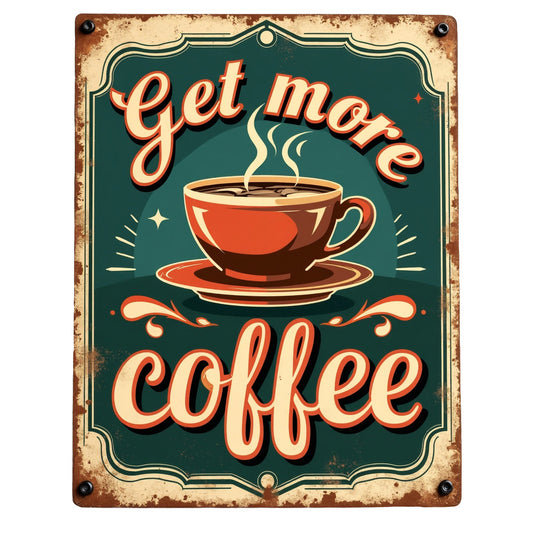 Vintage Coffee Signs Fabric Panel 9 featuring a retro cup of steaming coffee with "Get more coffee" text on green background.