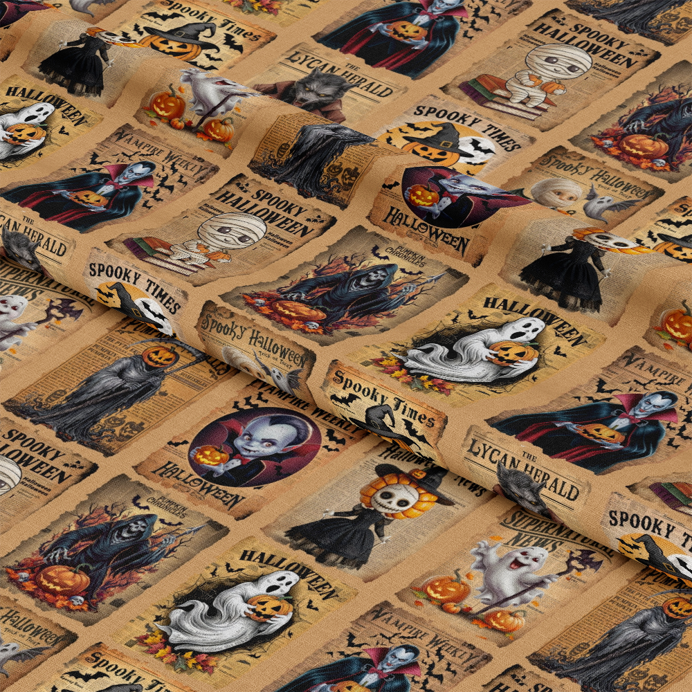 Tan Vintage Halloween Newspaper Quilting Cotton Fabric