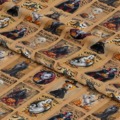 Tan Vintage Halloween Newspaper Quilting Cotton Fabric