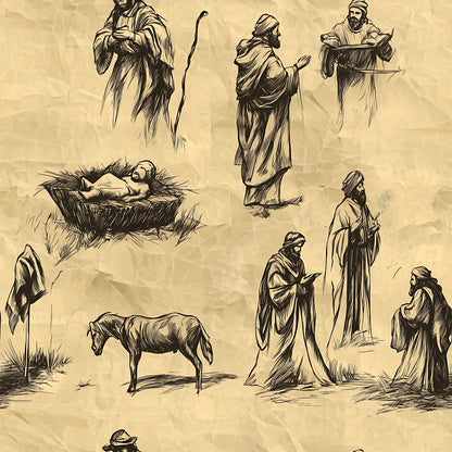 Vintage Nativity Scenes Pattern 12 Quilting Cotton Fabric