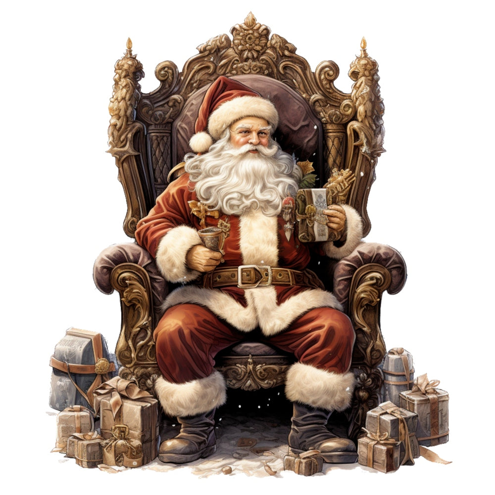 Vintage Santa Claus Fabric Panel 5 showing detailed Santa on ornate chair with gifts, printed on premium quilting cotton.