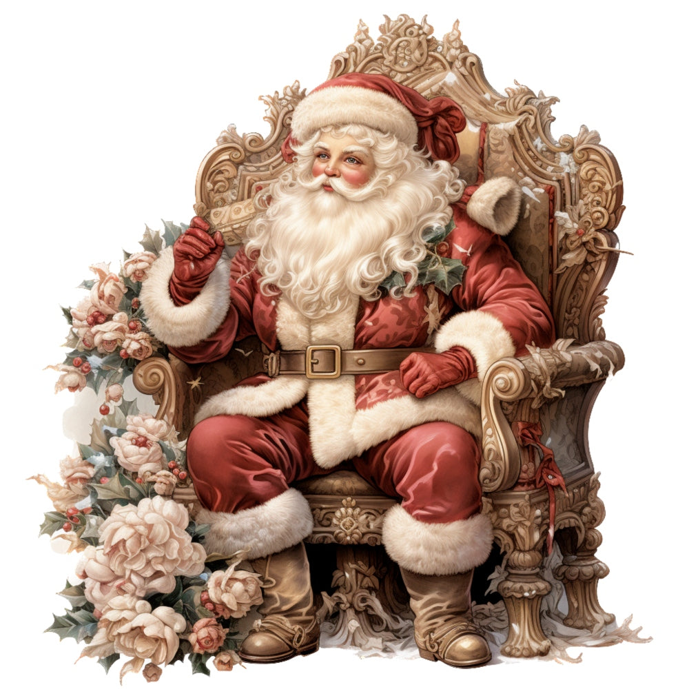 Vintage Santa Claus Fabric Panel 6 showing detailed Santa seated on ornate chair with festive floral decor in premium quilting cotton print.