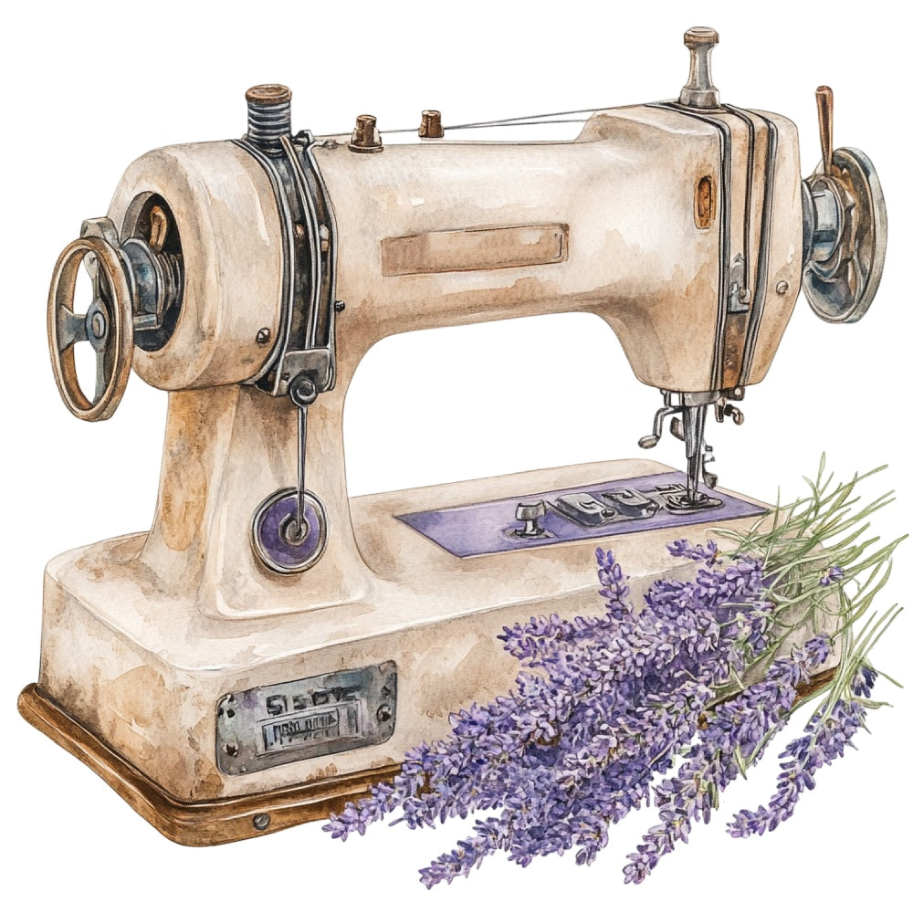 Vintage Sewing Machine Fabric Panel 1 featuring a detailed watercolor vintage sewing machine with lavender sprigs on premium quilting cotton.