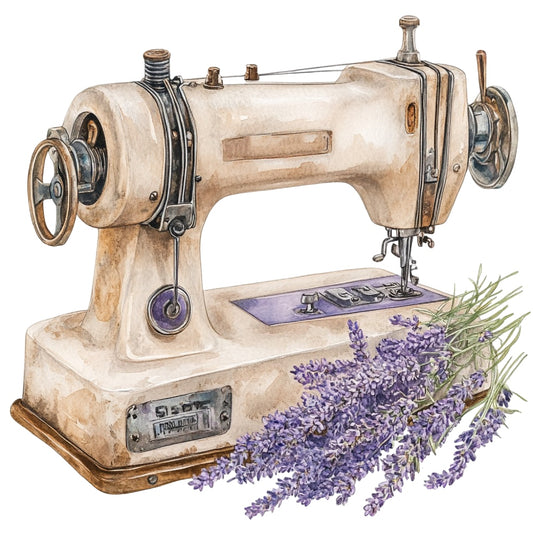 Vintage Sewing Machine Fabric Panel 1 featuring a detailed watercolor vintage sewing machine with lavender sprigs on premium quilting cotton.