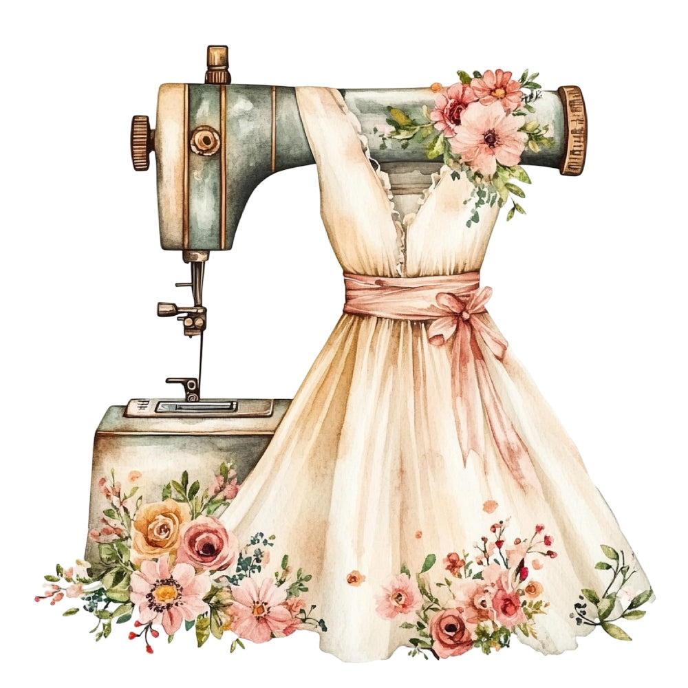 Vintage Sewing Machine Fabric Panel 10 featuring a floral antique sewing machine with a delicate dress and soft pastel flowers design.