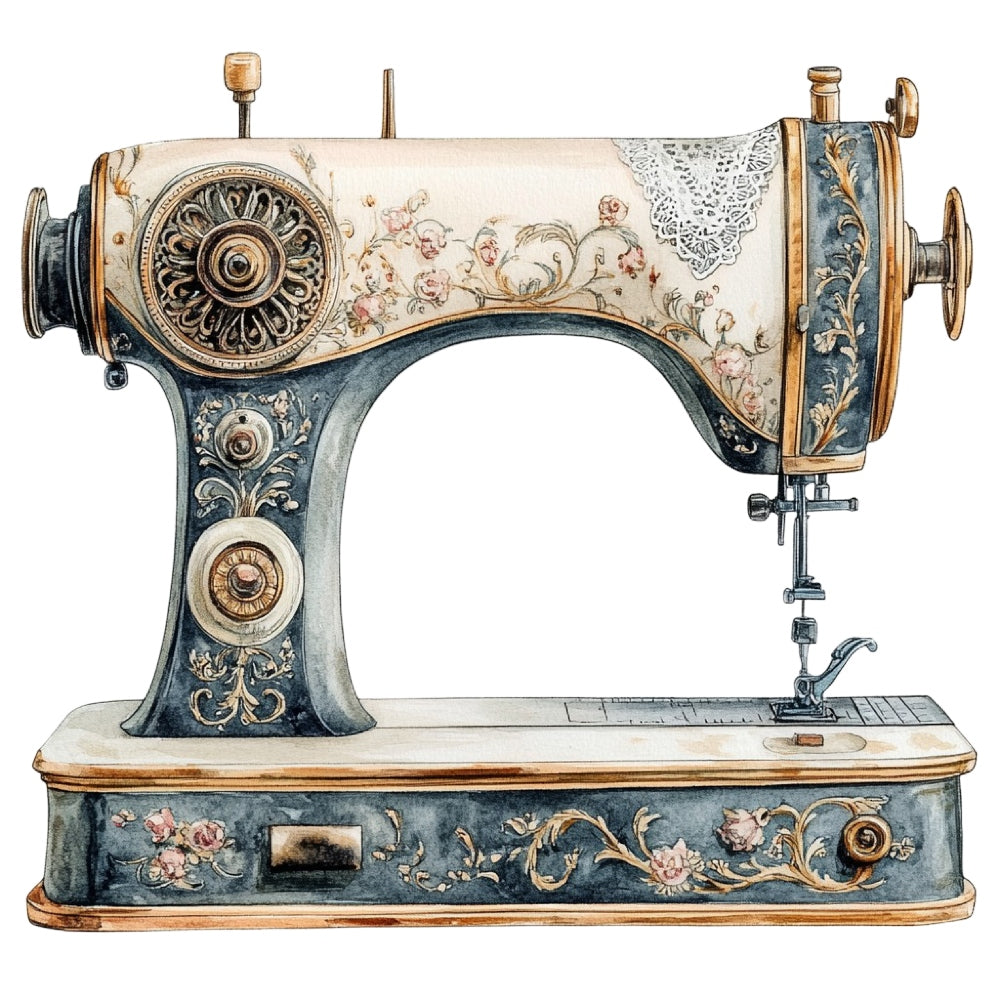 Vintage Sewing Machine Fabric Panel 12 showcasing a detailed floral and lace design on premium quilting cotton.