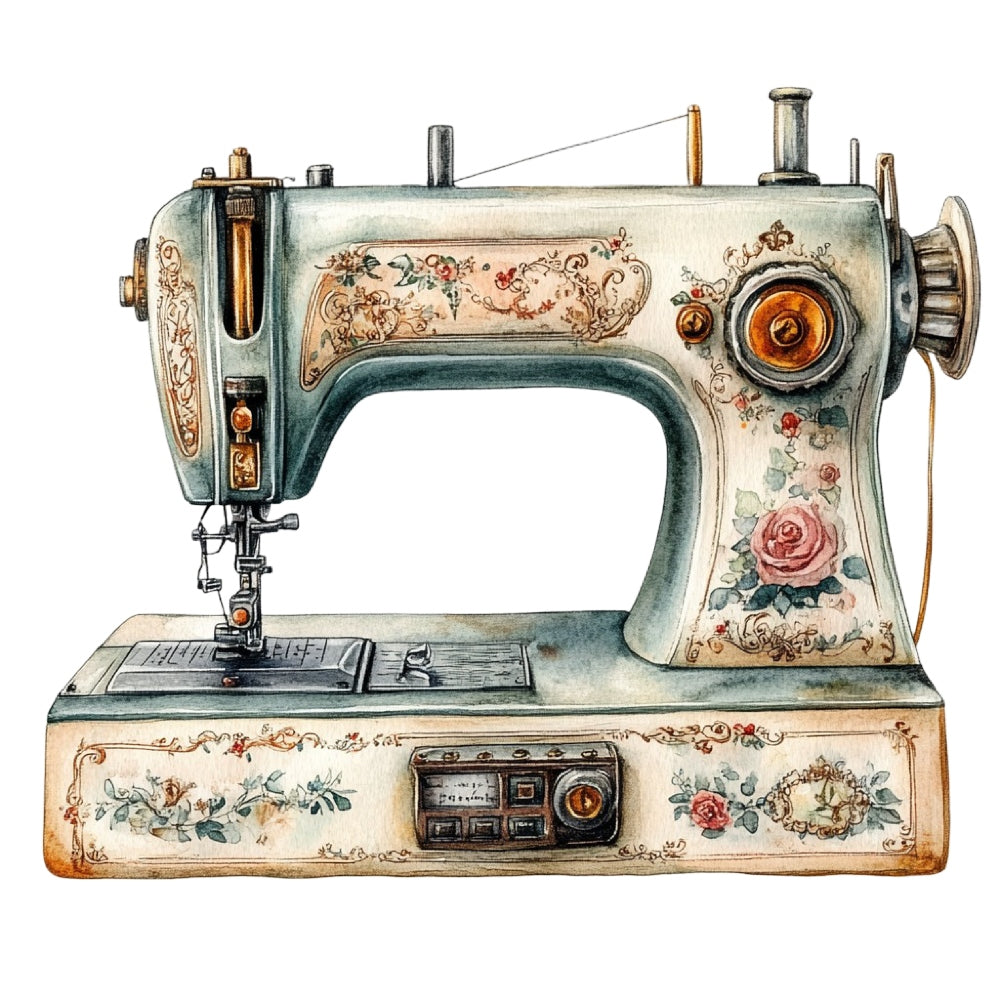 Vintage Sewing Machine Fabric Panel 14 featuring a detailed vintage sewing machine design on 100% premium quilting cotton fabric.