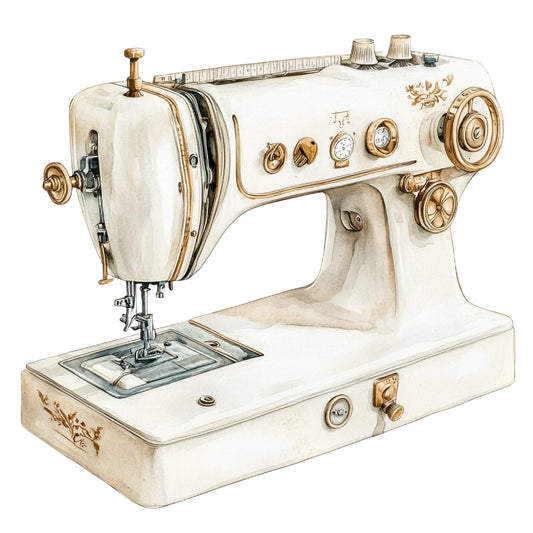 Vintage Sewing Machine Fabric Panel 15 featuring a detailed vintage sewing machine illustration on premium quilting cotton fabric.