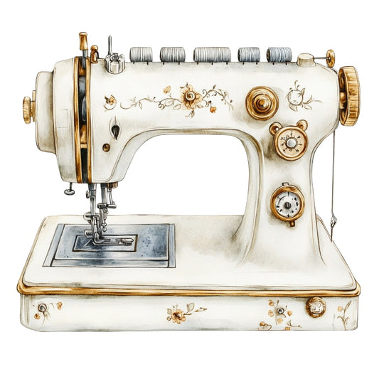 Vintage Sewing Machine Fabric Panel 16 features a detailed cream sewing machine with gold floral accents on premium quilting cotton.