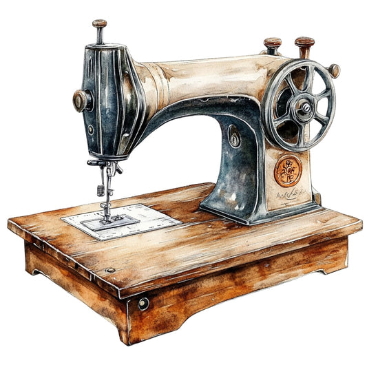 Vintage Sewing Machine Fabric Panel 17 showcasing a detailed vintage sewing machine on a wooden base in premium quilting cotton fabric.