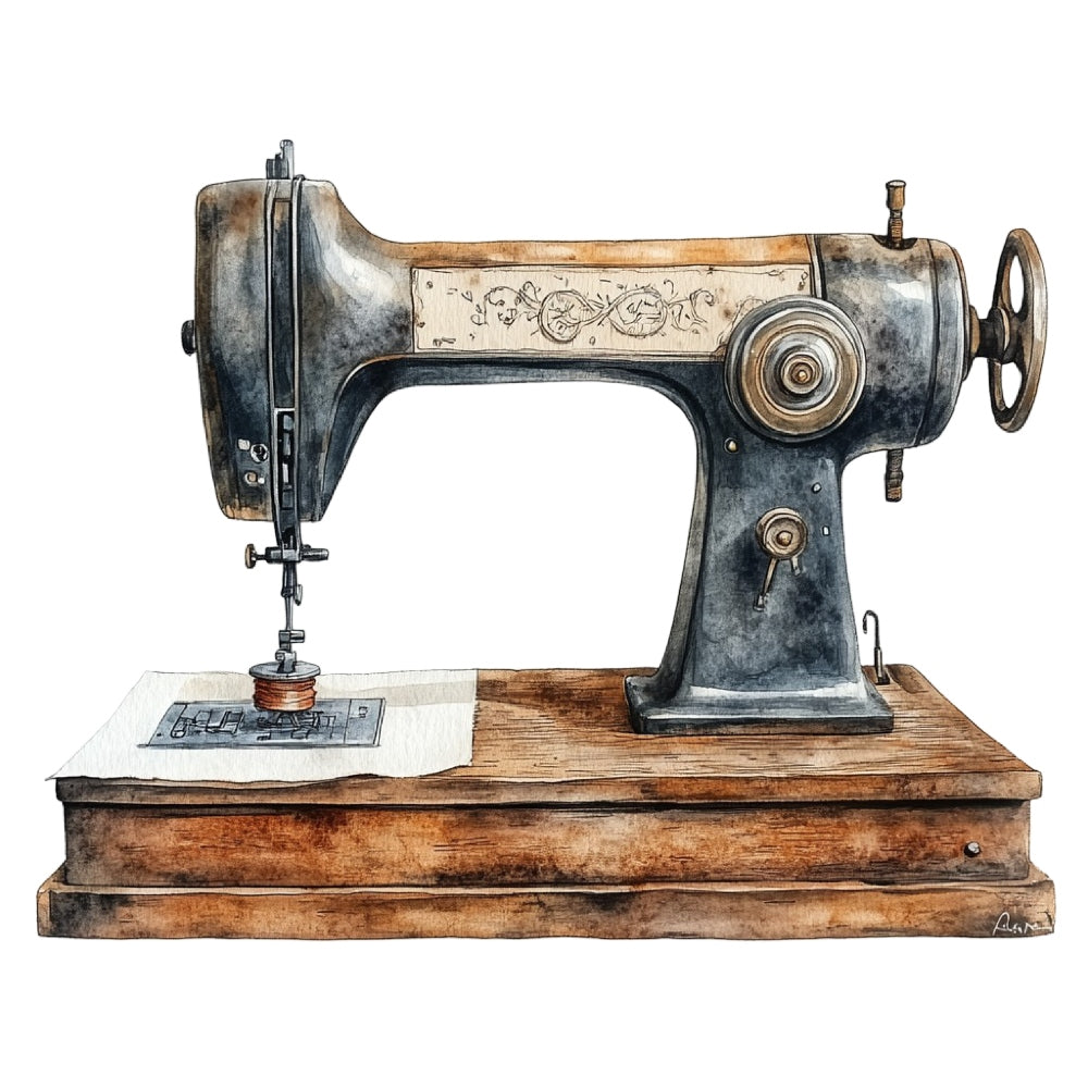 Vintage Sewing Machine Fabric Panel 18 featuring a detailed watercolor illustration of an antique sewing machine on premium quilting cotton.