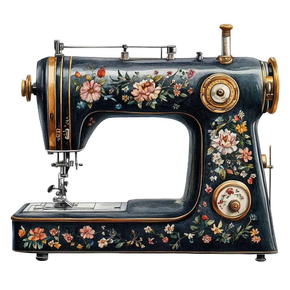 Vintage Sewing Machine Fabric Panel 2 featuring a detailed floral vintage sewing machine illustration on premium quilting cotton.