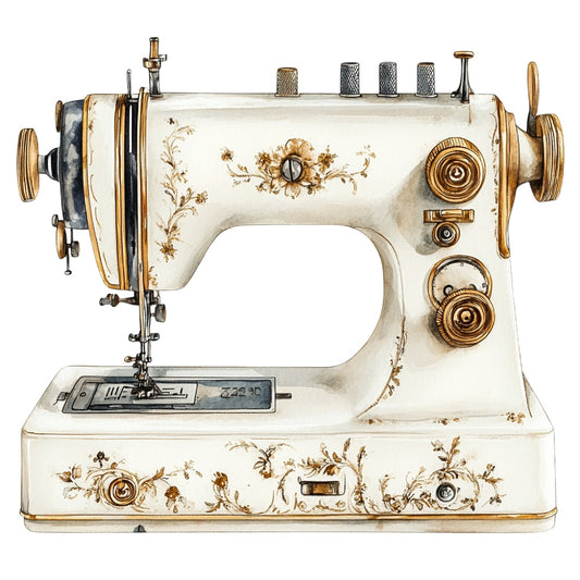 Vintage Sewing Machine Fabric Panel 20 featuring a detailed vintage sewing machine illustration with floral accents on premium quilting cotton.