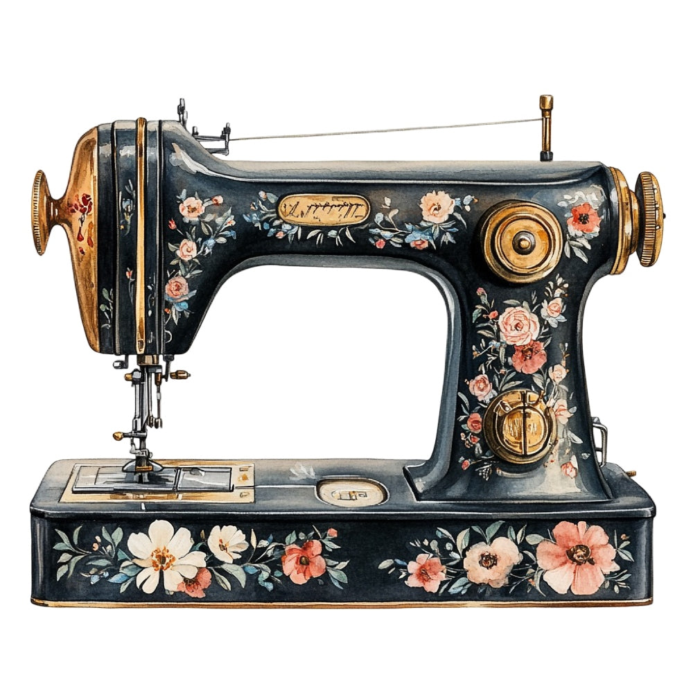 Vintage Sewing Machine Fabric Panel 3 featuring detailed floral design on a classic black sewing machine printed on premium quilting cotton.