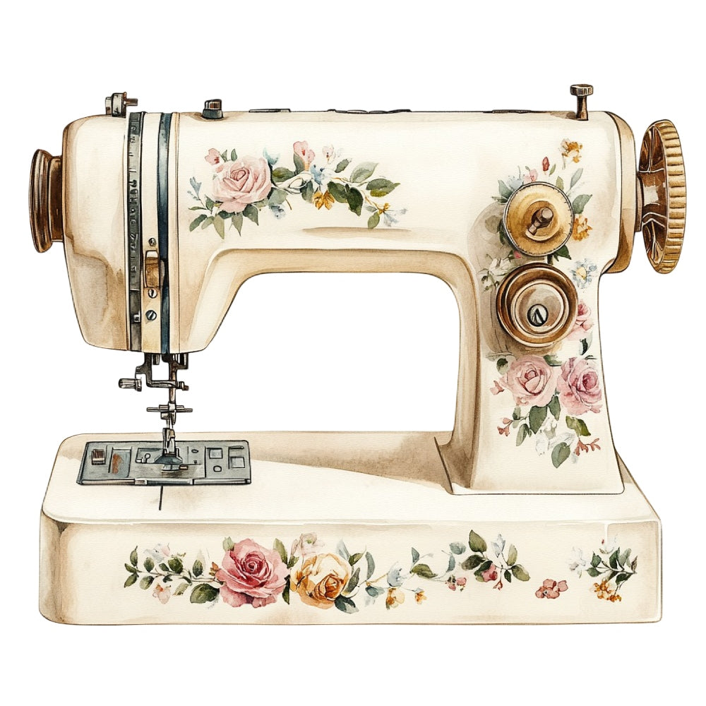 Vintage Sewing Machine Fabric Panel 4 featuring a detailed vintage sewing machine design with floral accents on premium quilting cotton.