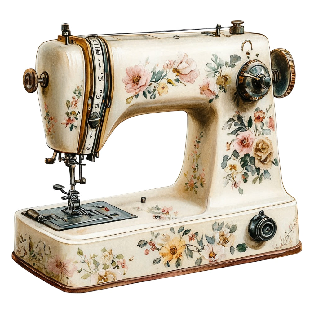 Vintage Sewing Machine Fabric Panel 6 featuring detailed floral patterns on a classic cream-colored vintage sewing machine illustration.
