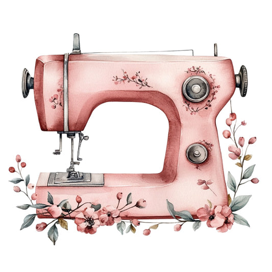 Vintage Sewing Machine Fabric Panel 7 featuring a pink retro sewing machine with floral accents printed on premium quilting cotton.