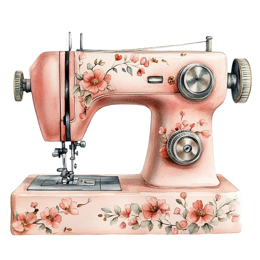 Vintage Sewing Machine Fabric Panel 8 featuring a pink sewing machine adorned with delicate floral designs on premium quilting cotton.