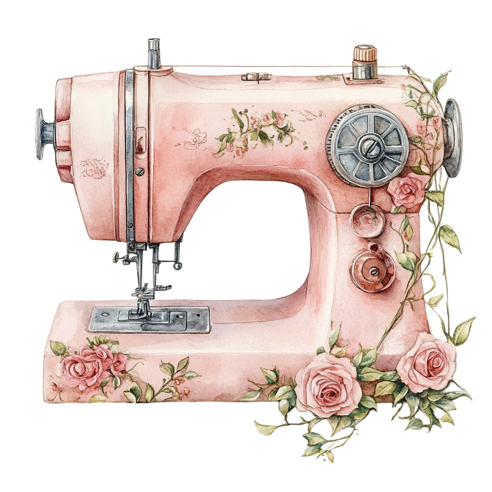 Vintage Sewing Machine Fabric Panel 9 featuring a detailed pink vintage sewing machine with floral rose accents on premium quilting cotton.
