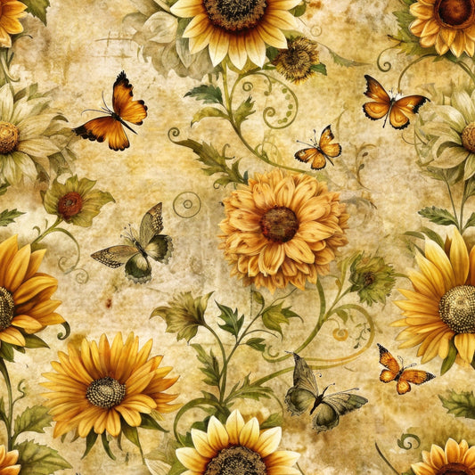 Vintage Sunflowers and Butterflies Pattern 10 Quilting Cotton Fabric