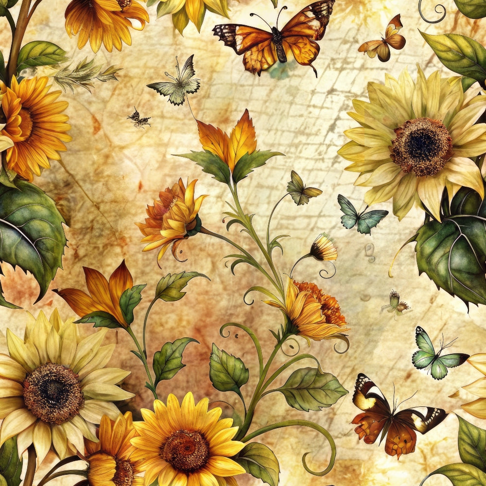Vintage Sunflowers and Butterflies Pattern 2 Quilting Cotton Fabric