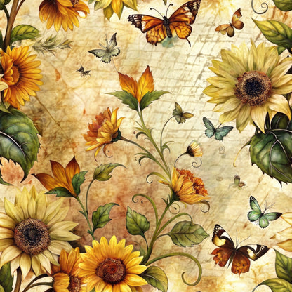 Vintage Sunflowers and Butterflies Pattern 2 Quilting Cotton Fabric