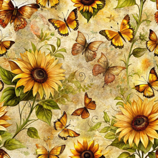 Vintage Sunflowers and Butterflies Pattern 3 Quilting Cotton Fabric