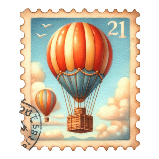 Vintage Travel Stamps Fabric Panel 1 featuring a vintage hot air balloon postage stamp design in soft pastel colors.